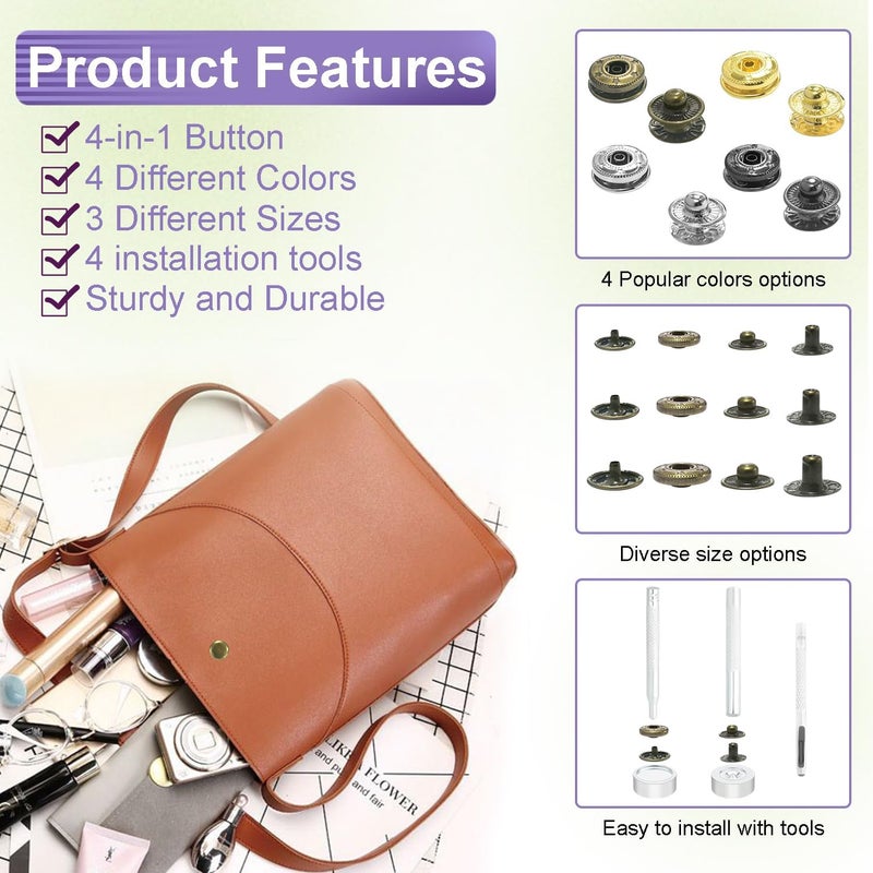 ManTangSun 100Sets Snaps Button Kit, 15mm Leather Snaps Fasteners, Metal Button Press Studs with 4 Install Tools 4 Colors for Leather Bag Clothes Jackets Jeans Wears Bracelets Fashion DIY Sewing - Image 4